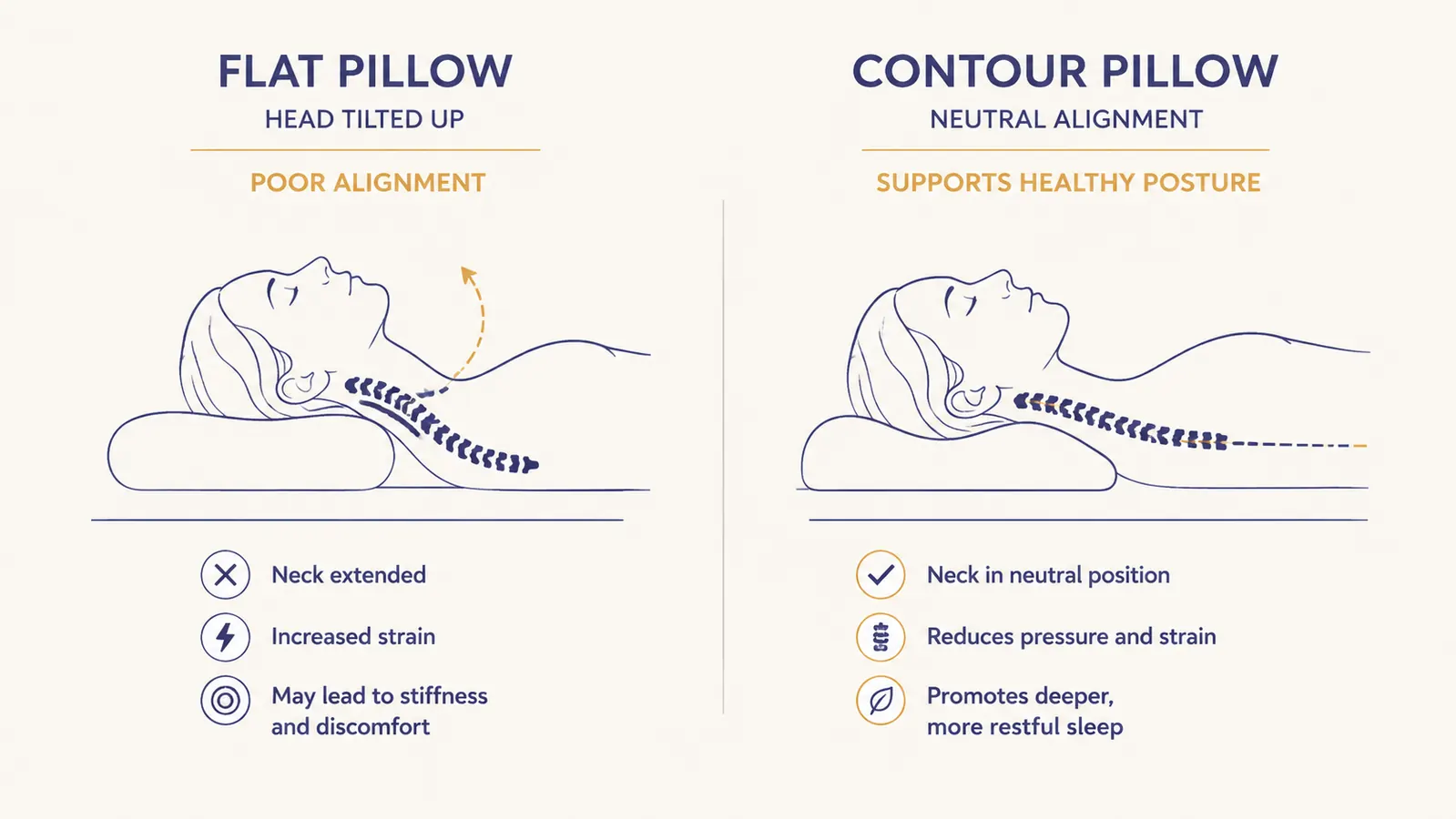 Side-by-side comparison diagram showing cervical spine alignment on a flat pillow versus a contour pillow