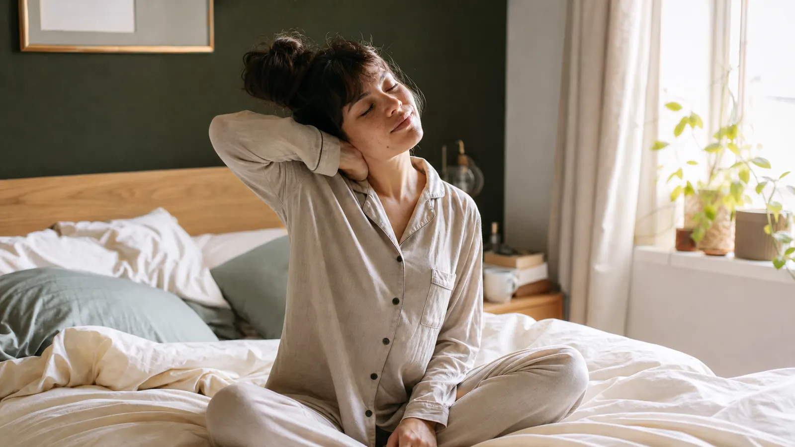 Person stretching their neck and shoulders comfortably after waking up, looking relaxed and refreshed