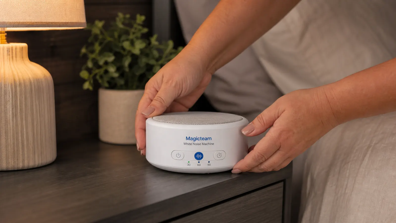 Hand placing a white noise machine on a nightstand next to a pillow