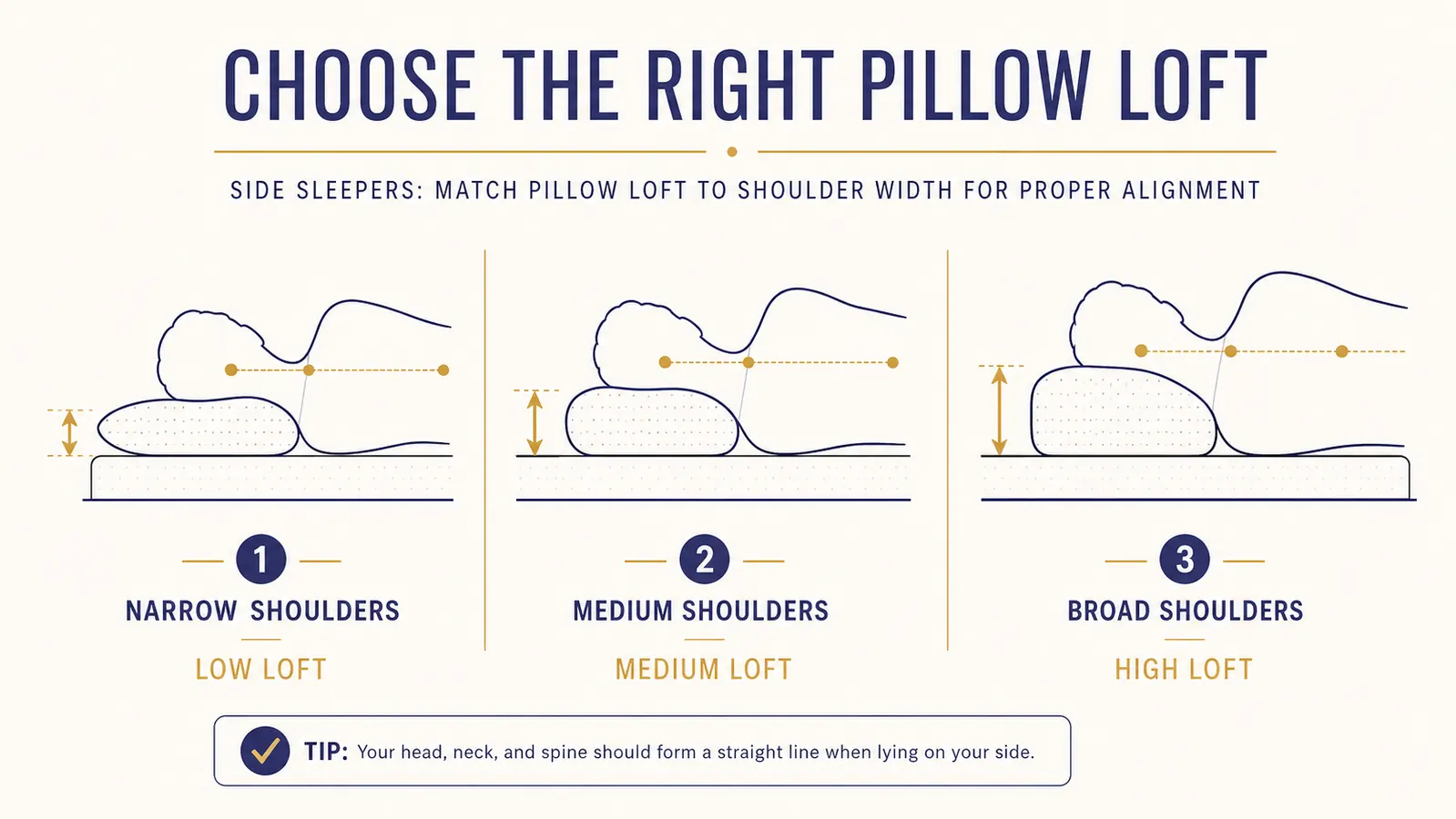 Diagram comparing pillow loft height needs for different shoulder widths in side sleeping position