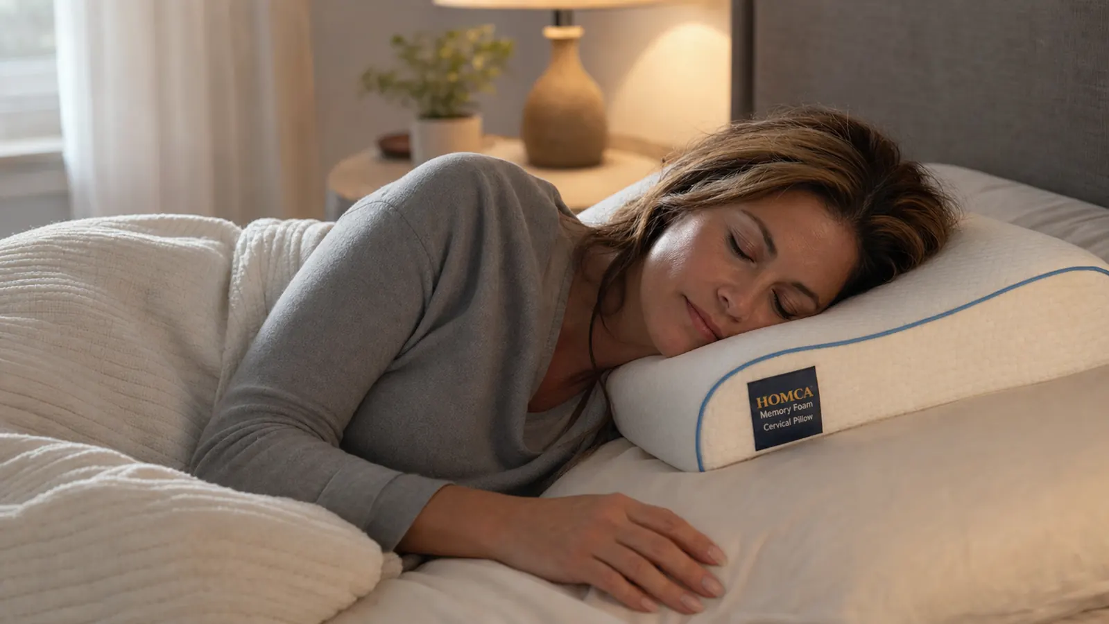 A person sleeping peacefully on their side with a cervical contour pillow supporting their neck and head, room in low evening light