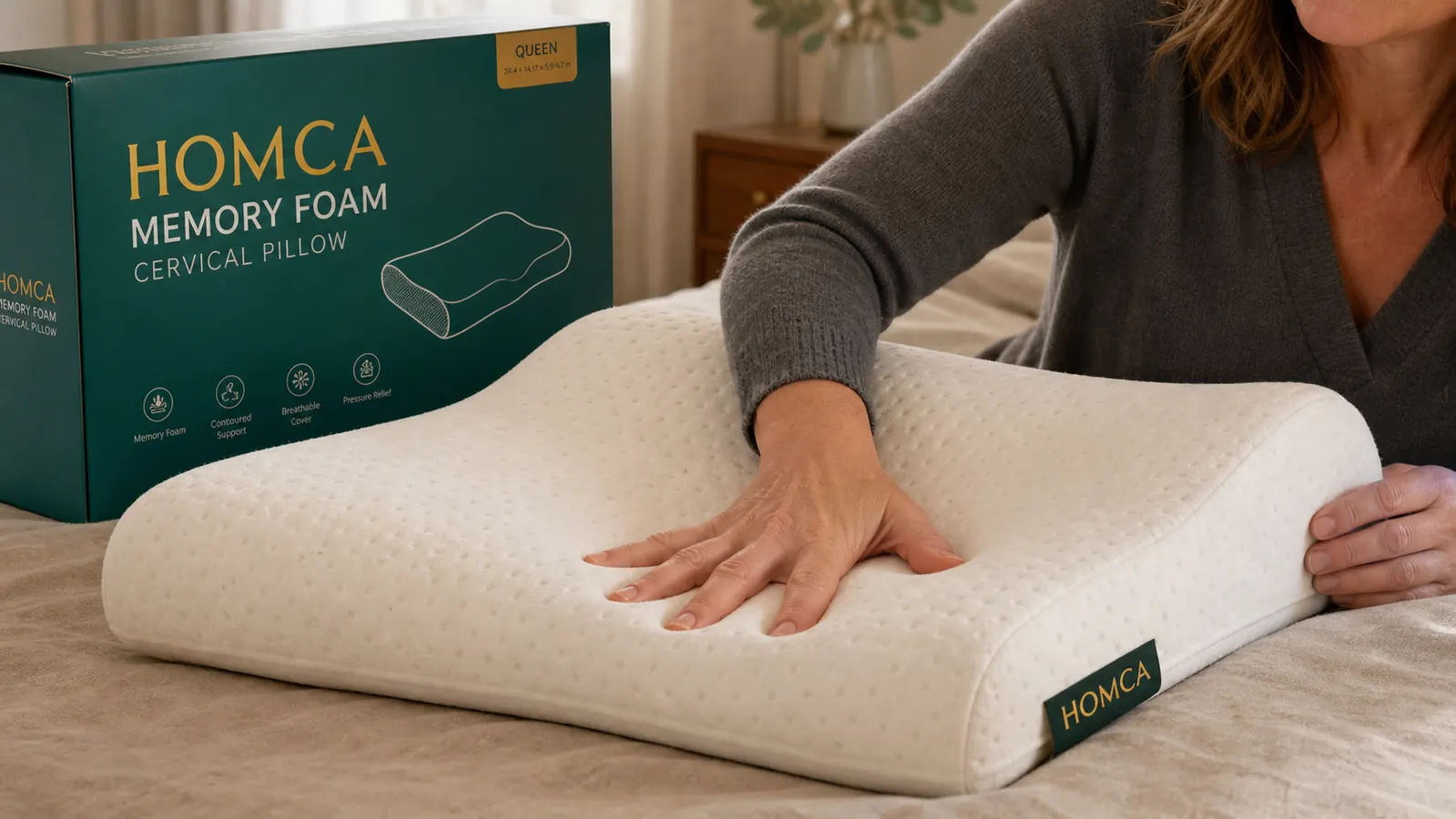 Close-up of hands pressing into the memory-foam surface of a contour pillow showing the material yielding