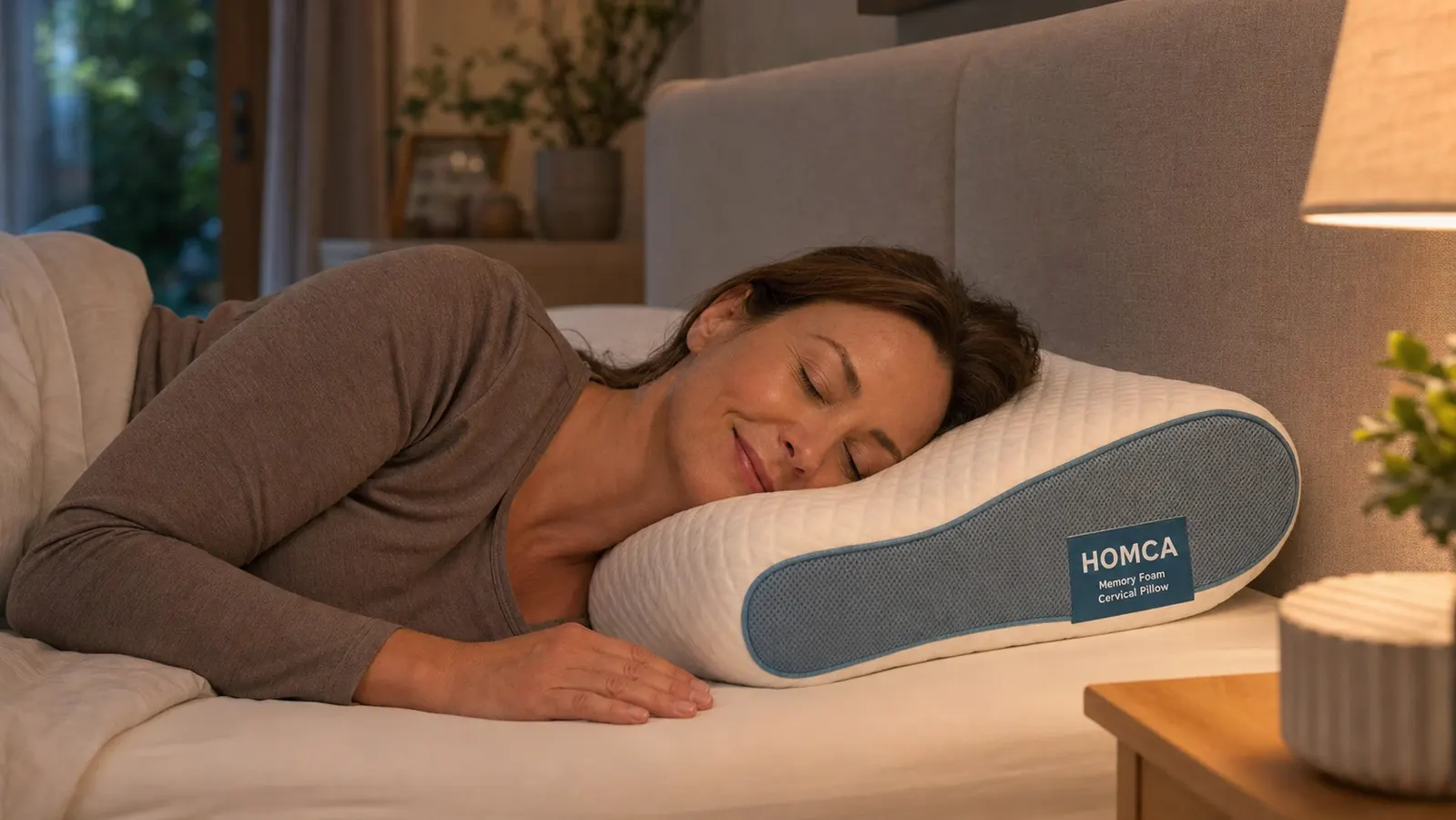 Person adjusting a contour cervical pillow before sleeping on their side