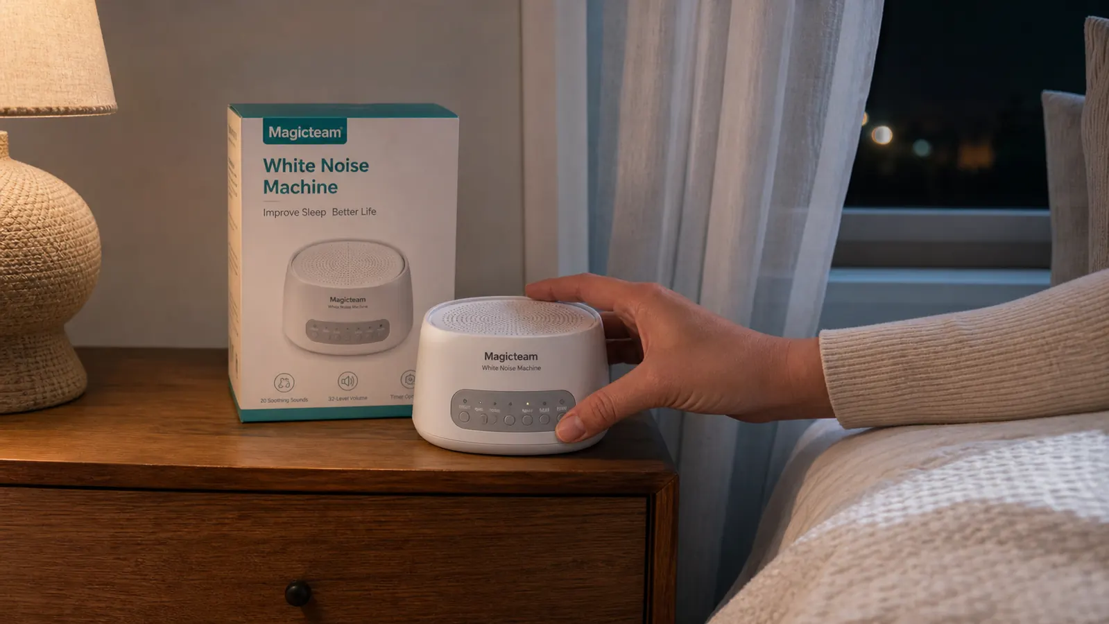 Hand placing a Magicteam white noise machine on a nightstand near a window