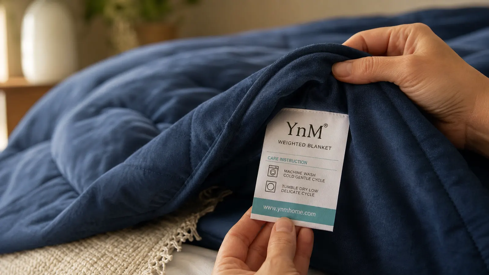 Close-up of the corner label on a weighted blanket with washing care symbols visible