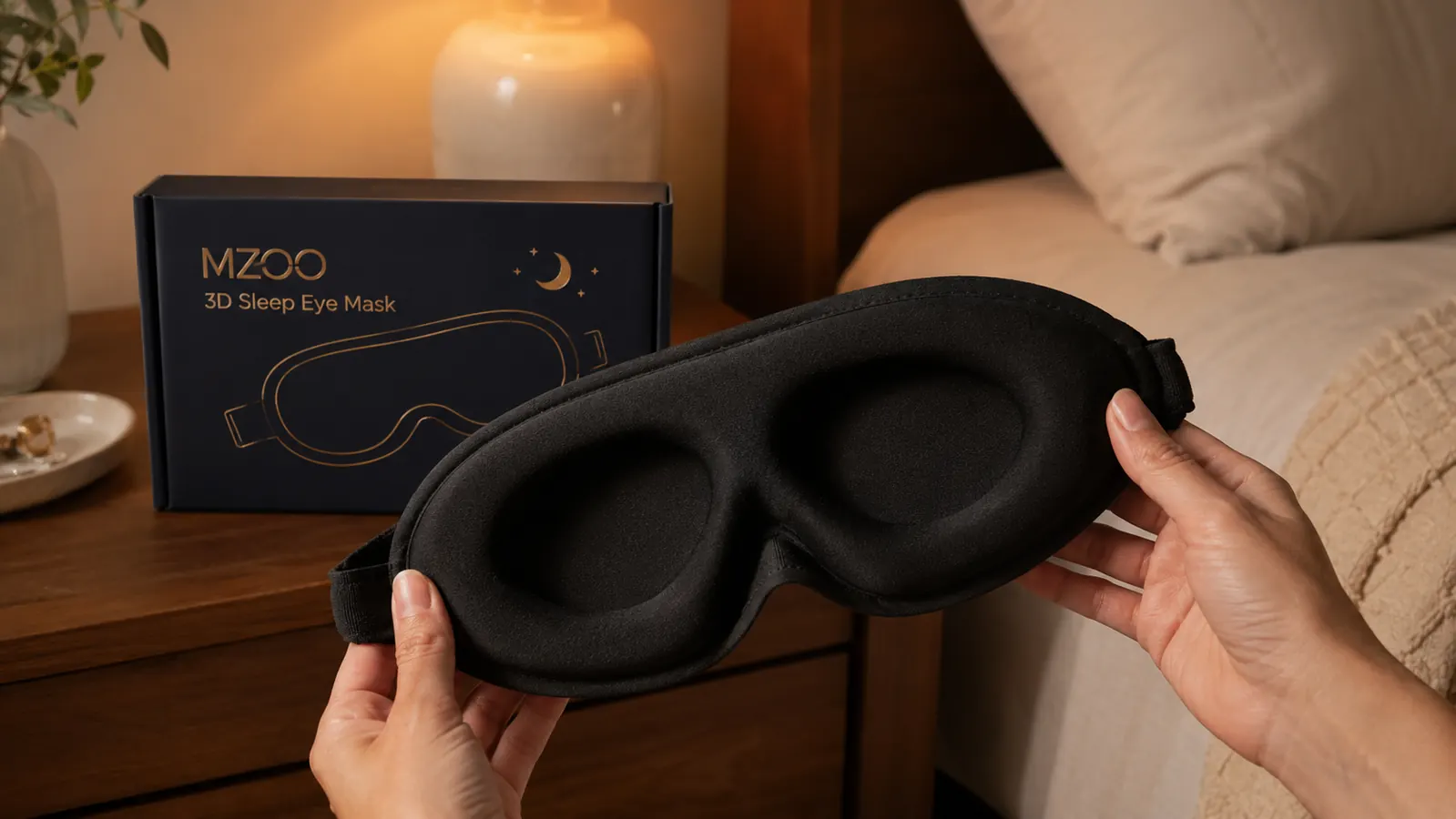 Person holding the MZOO 3D sleep eye mask up to show the contoured interior shell