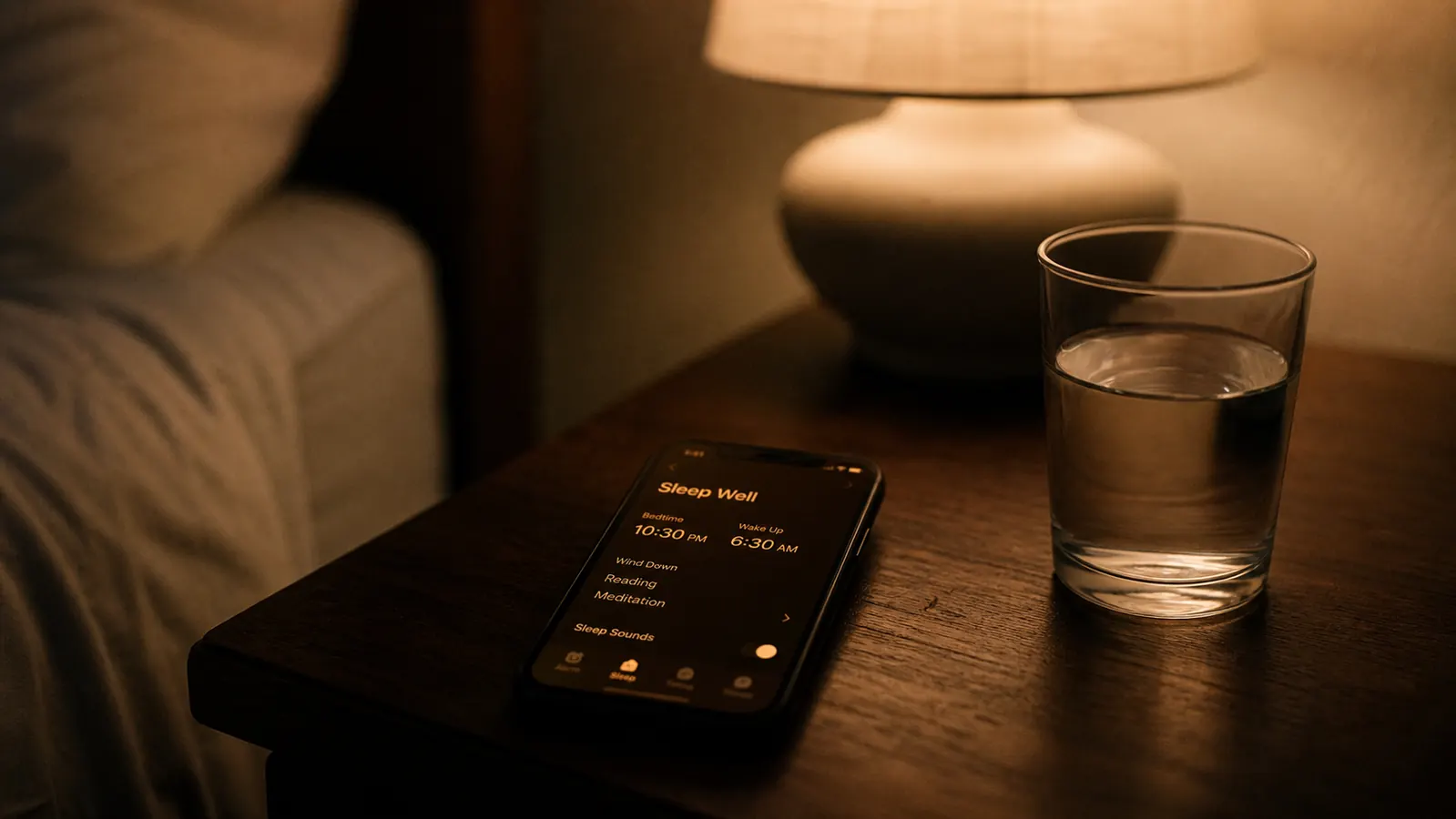 Phone screen dimmed to warm amber tone on a nightstand beside a glass of water
