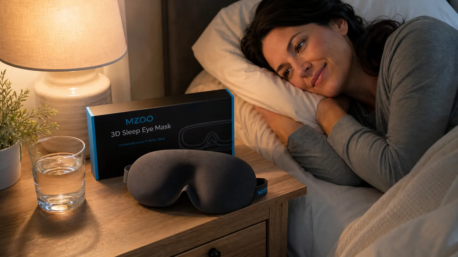Close-up of the MZOO 3D sleep eye mask sitting on a nightstand next to a glass of water and a bedside lamp