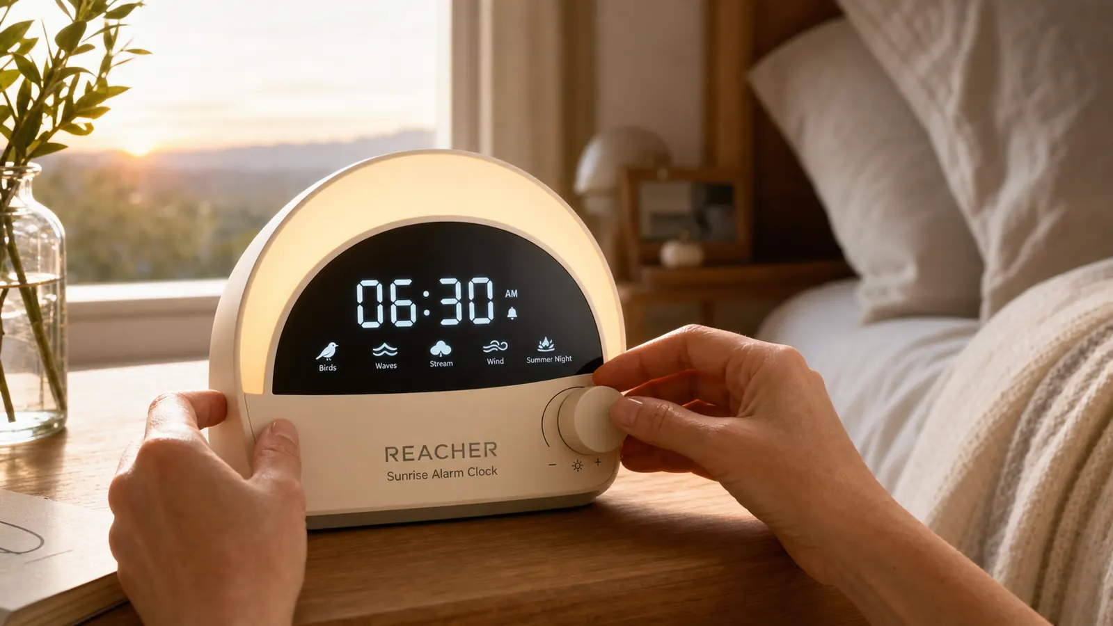Close-up of a sunrise alarm clock display showing nature sound icons and light level setting