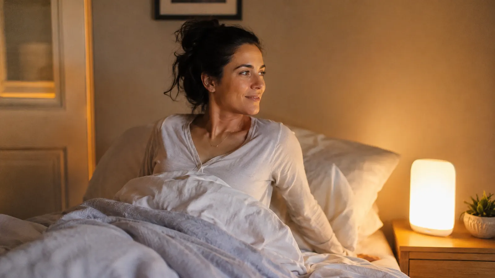 Person waking up calmly in a bright bedroom lit by natural-looking sunrise light from a bedside alarm clock