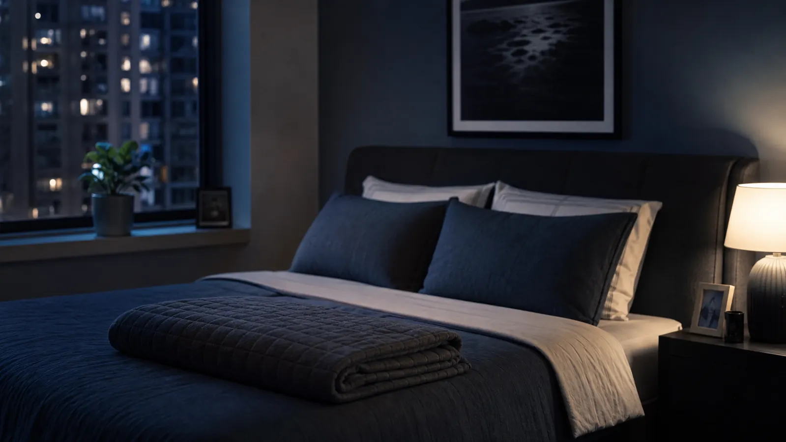 Peaceful bedroom at night with a neatly made bed and a folded weighted blanket draped over the foot