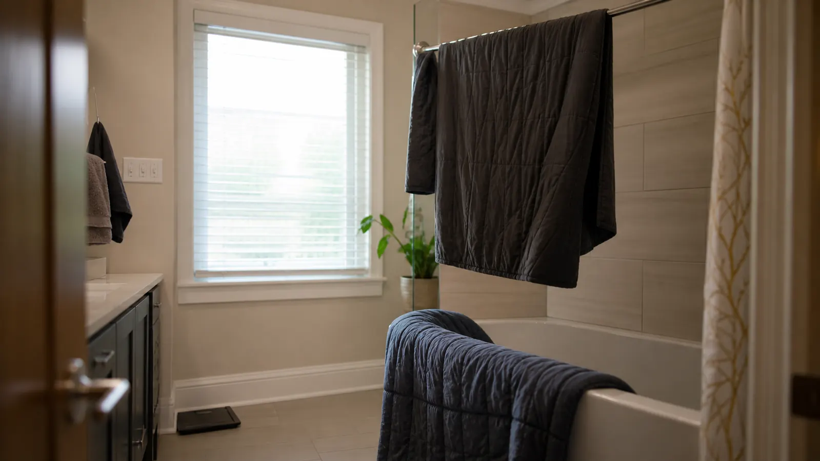 Weighted blanket hanging over the side of a bathtub to dry after washing