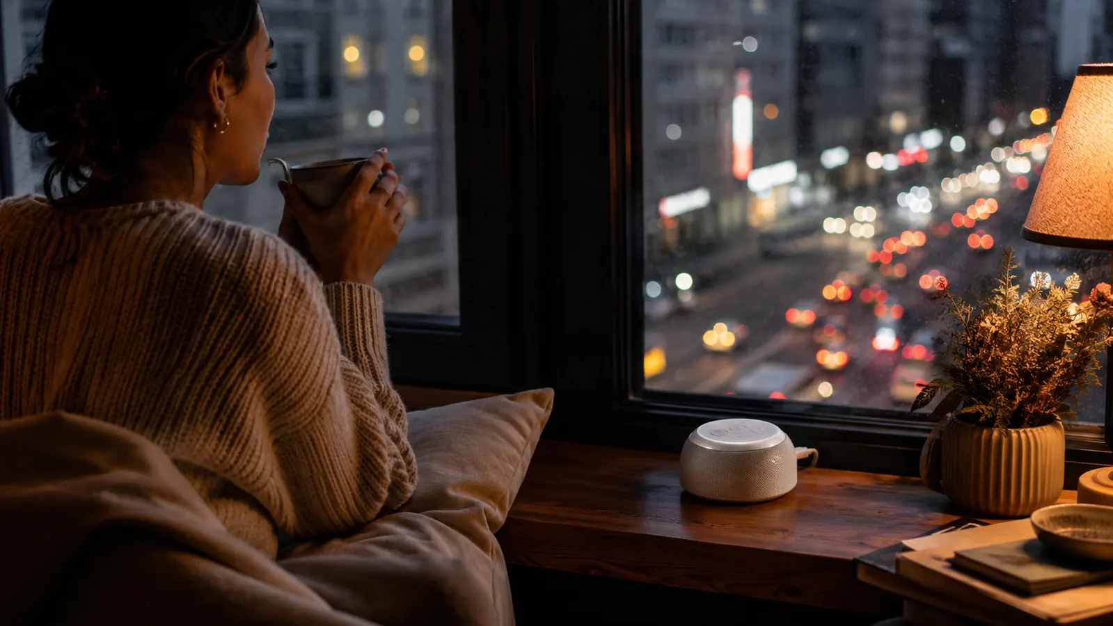 A white noise machine on a small table near a window with city traffic visible outside, creating a quiet cocoon inside